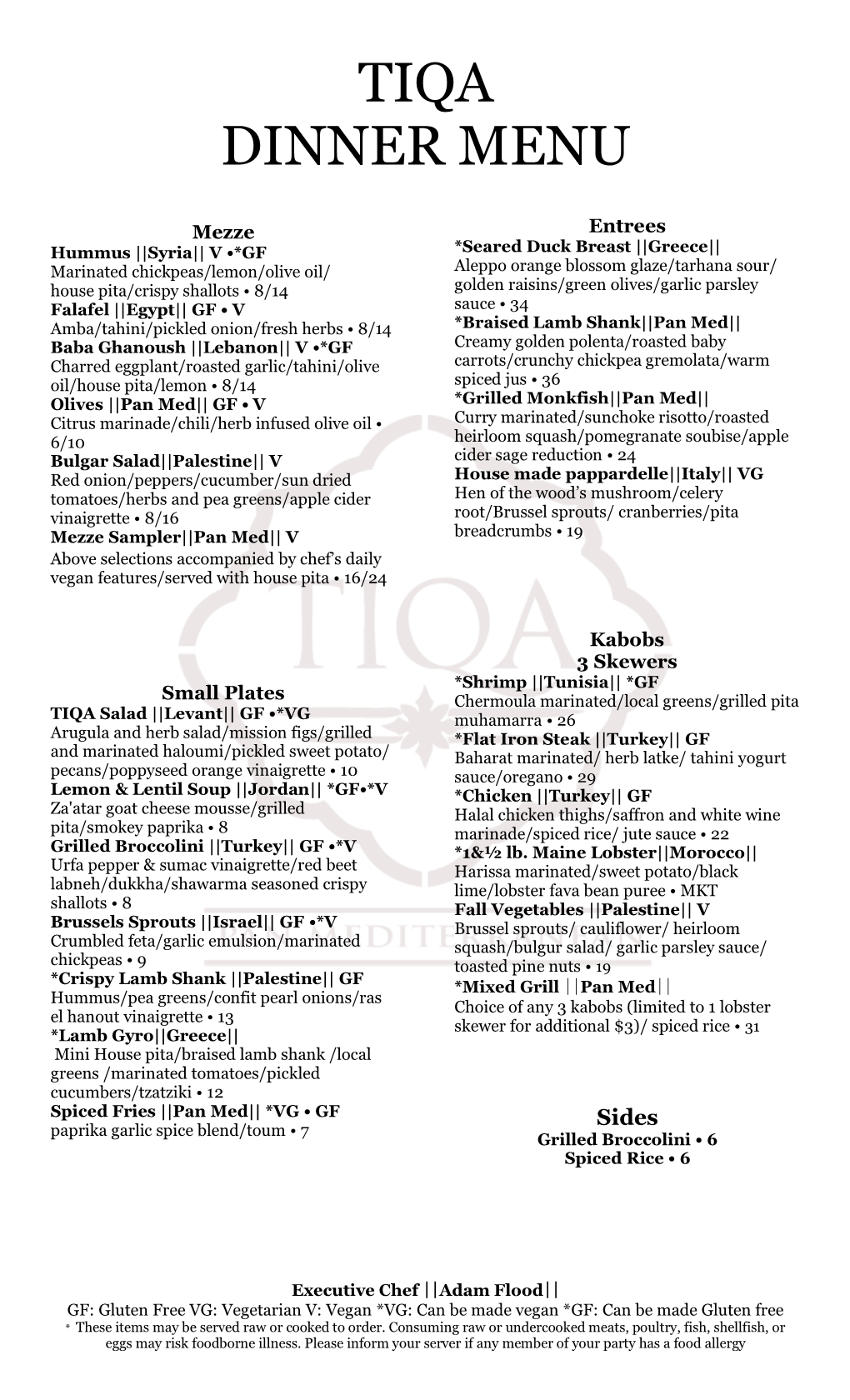 Tiqa Dinner Menu