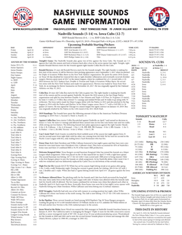Nashville Sounds Game Information @Nashvillesounds First Tennessee Park 19 Junior Gilliam Way Nashville, TN 37219 Nashville Sounds (5-14) Vs