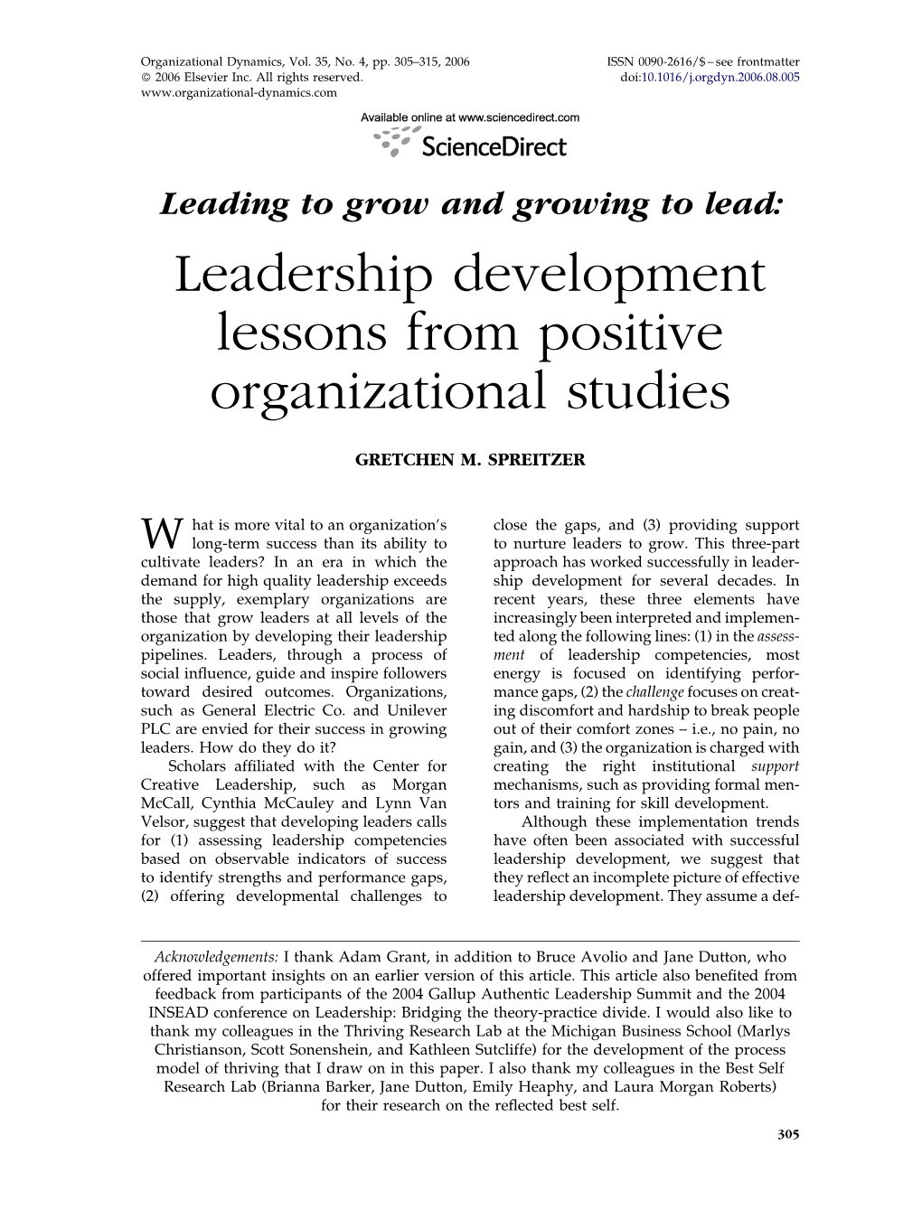 Leadership Development Lessons from Positive Organizational Studies