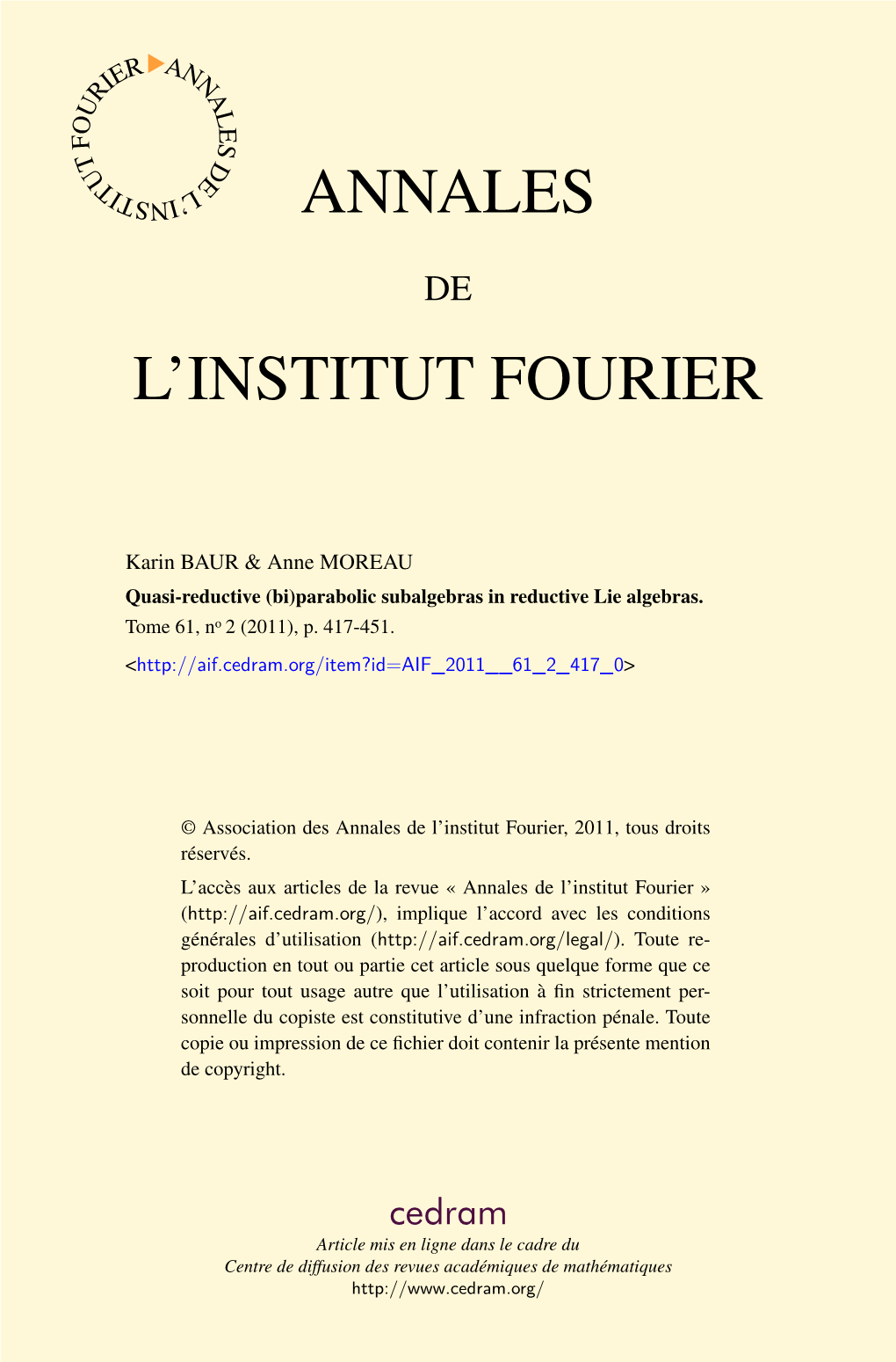 (Bi)Parabolic Subalgebras in Reductive Lie Algebras. Tome 61, No 2 (2011), P