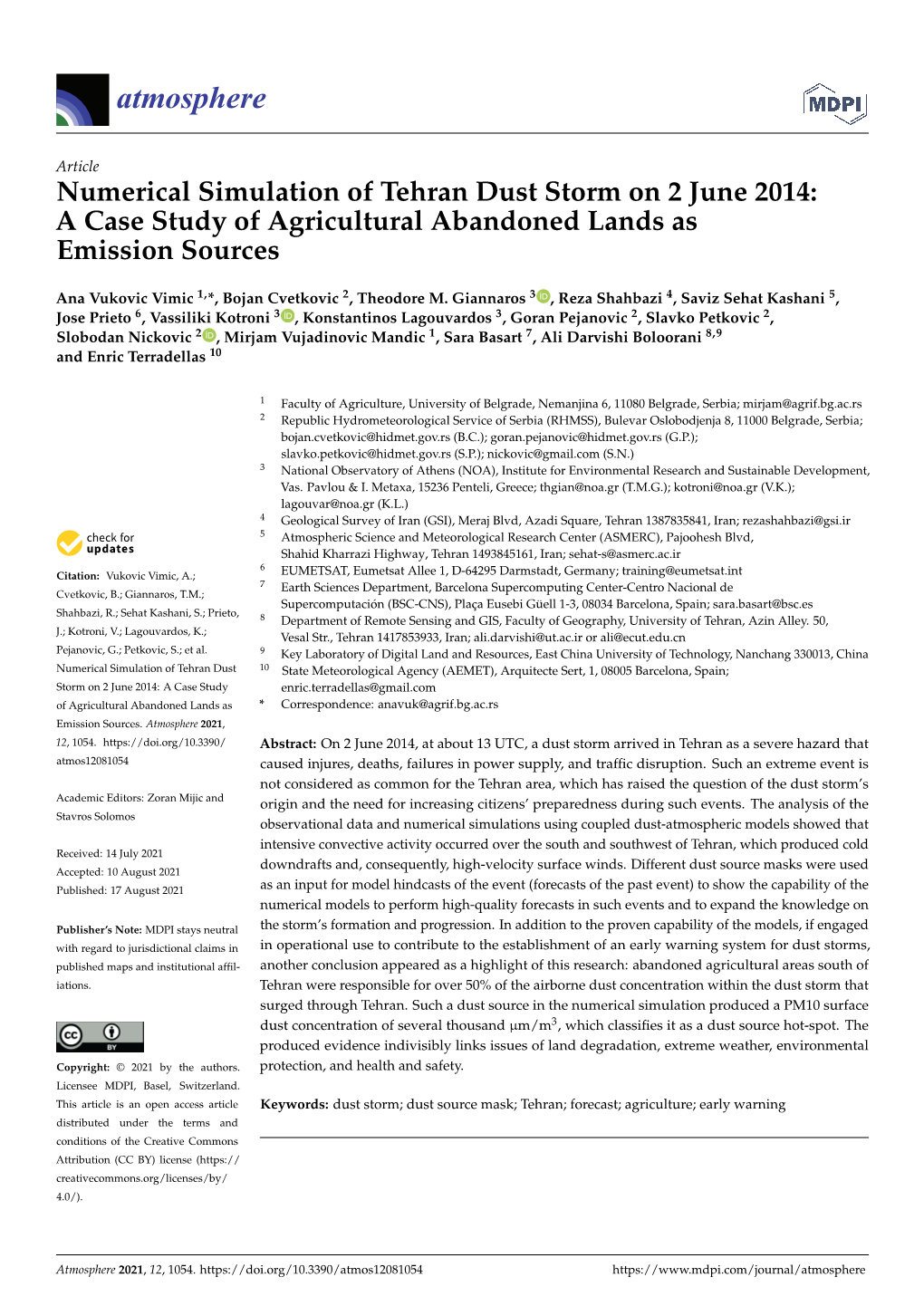 Numerical Simulation of Tehran Dust Storm on 2 June 2014: a Case Study of Agricultural Abandoned Lands As Emission Sources
