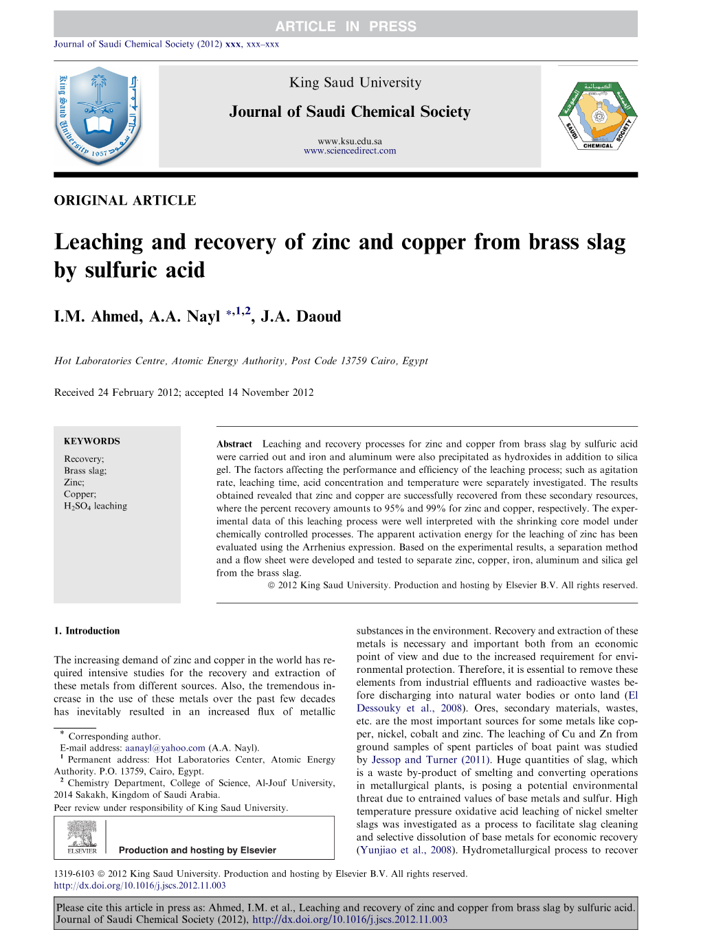 Leaching and Recovery of Zinc and Copper from Brass Slag by Sulfuric Acid