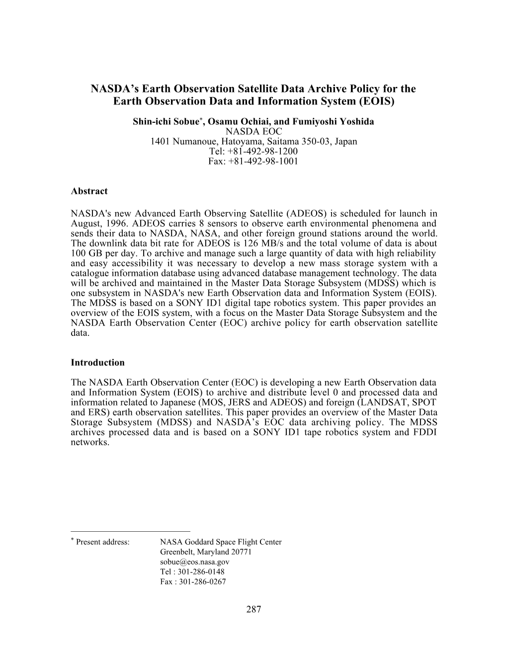 NASDA's Earth Observation Satellite Data Archive Policy for the Earth Observation Data and Information System (EOIS)