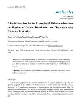 A Facile Procedure for the Generation of Dichlorocarbene from the Reaction of Carbon Tetrachloride and Magnesium Using Ultrasonic Irradiation