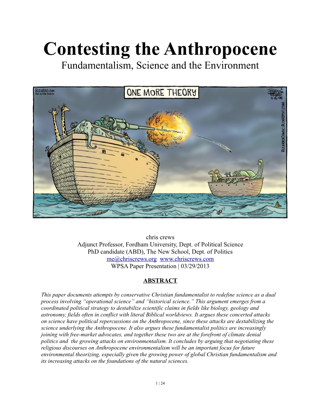 Contesting the Anthropocene Fundamentalism, Science and the Environment