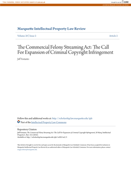 The Commercial Felony Streaming Act: the Call for Expansion of Criminal Copyright Infringement, 20 Marq