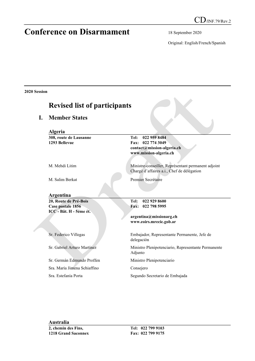 Conference on Disarmament 18 September 2020