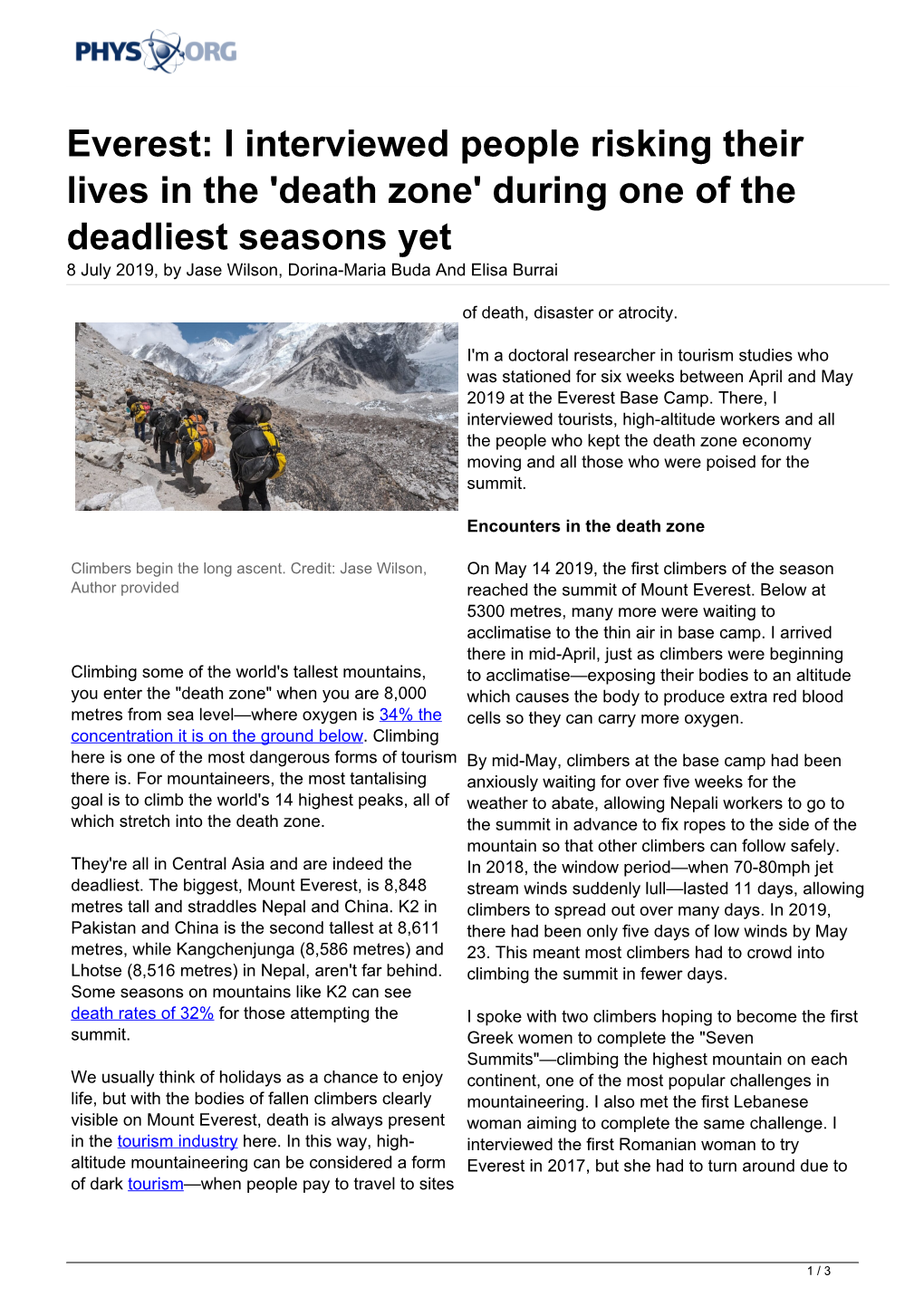 Death Zone' During One of the Deadliest Seasons Yet 8 July 2019, by Jase Wilson, Dorina-Maria Buda and Elisa Burrai