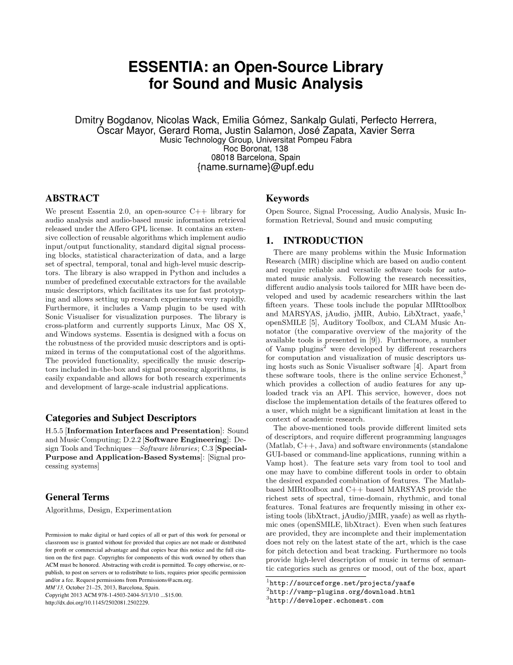 ESSENTIA: an Open-Source Library for Sound and Music Analysis