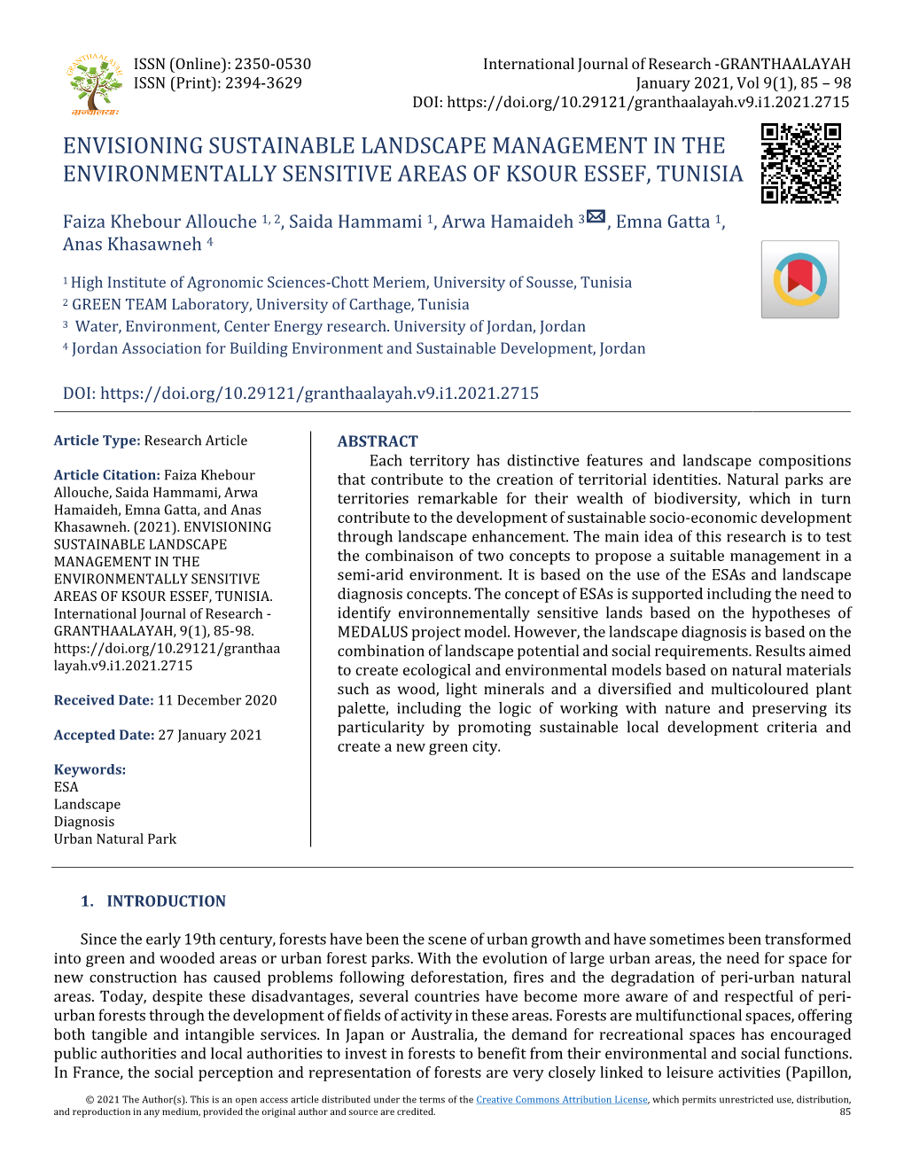 Envisioning Sustainable Landscape Management in the Environmentally Sensitive Areas of Ksour Essef, Tunisia