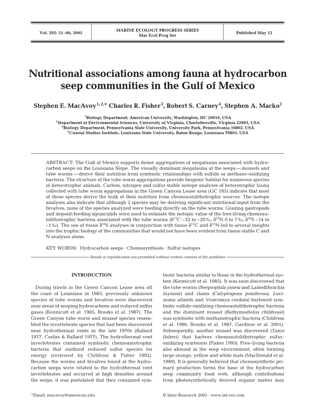 Nutritional Associations Among Fauna at Hydrocarbon Seep Communities in the Gulf of Mexico