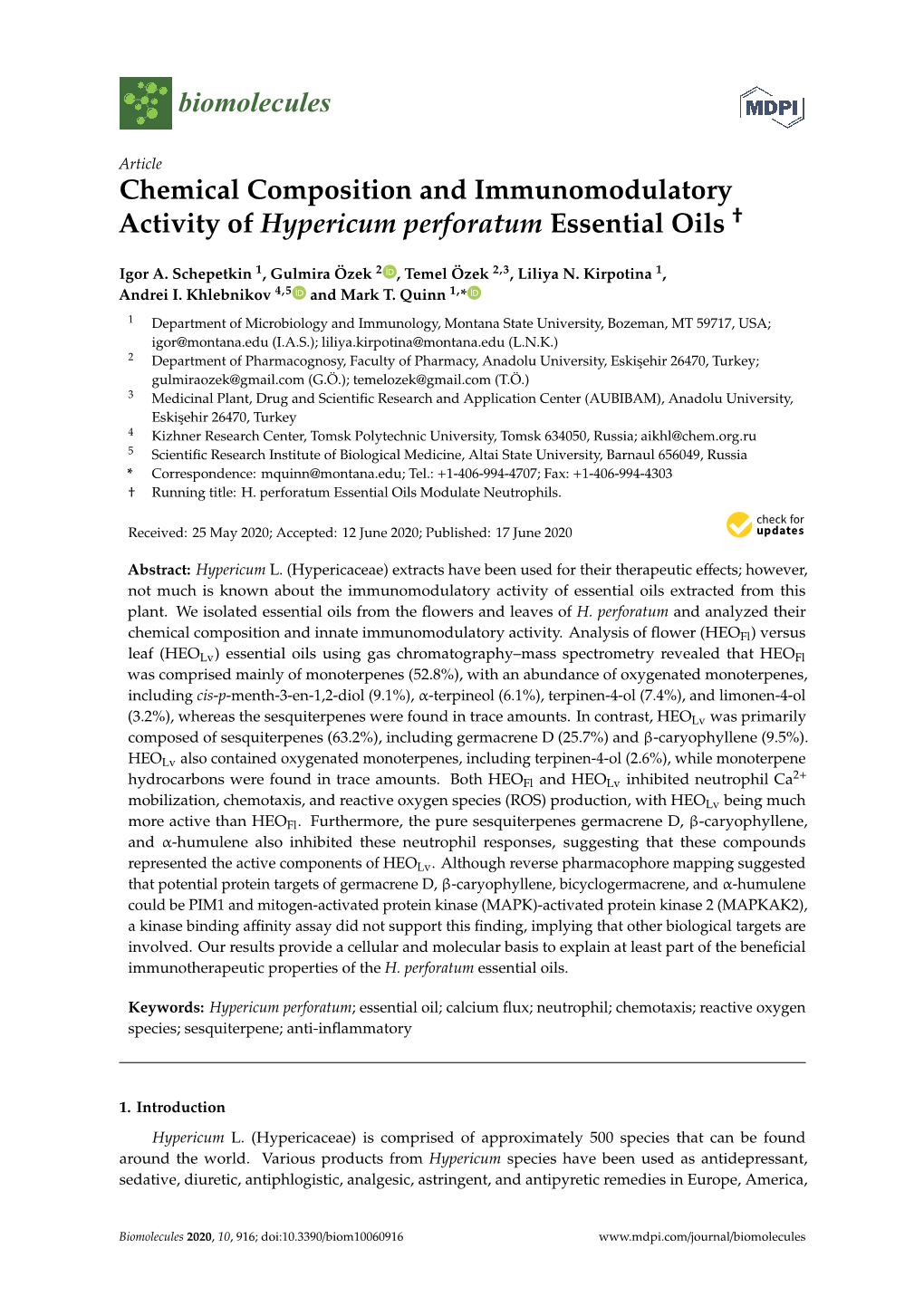 Chemical Composition and Immunomodulatory Activity of Hypericum Perforatum Essential Oils 