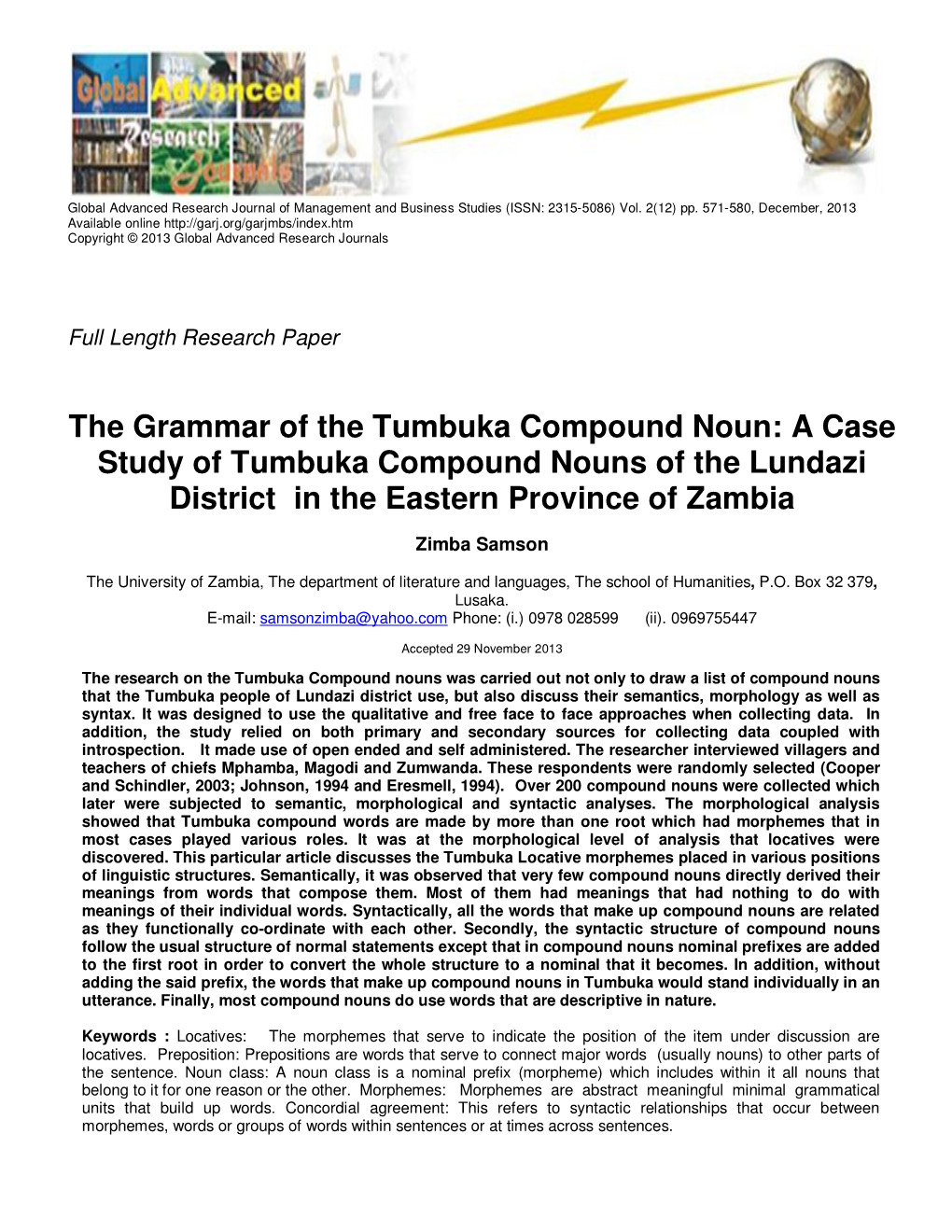 The Grammar of the Tumbuka Compound Noun: a Case Study of Tumbuka Compound Nouns of the Lundazi District in the Eastern Province of Zambia