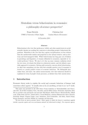 Mentalism Versus Behaviourism in Economics: a Philosophy-Of-Science