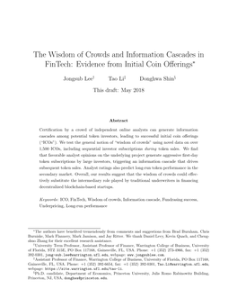 The Wisdom of Crowds and Information Cascades in Fintech: Evidence from Initial Coin Oﬀerings∗