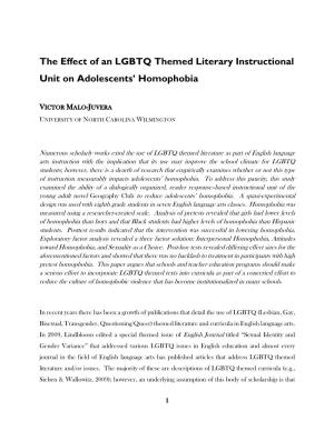 The Effect of an LGBTQ Themed Literary Instructional Unit on Adolescents’ Homophobia