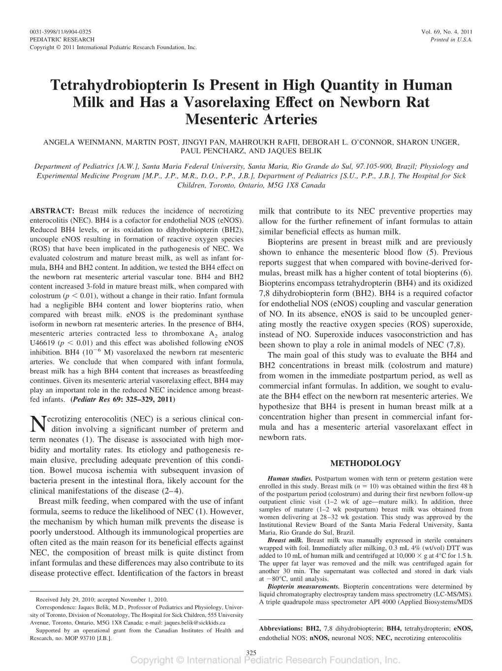 Tetrahydrobiopterin Is Present in High Quantity in Human Milk and Has a Vasorelaxing Effect on Newborn Rat Mesenteric Arteries