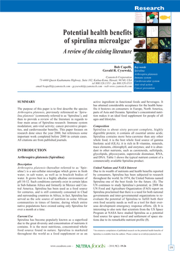 Potential Health Benefits of Spirulina Microalgae* a Review of the Existing Literature
