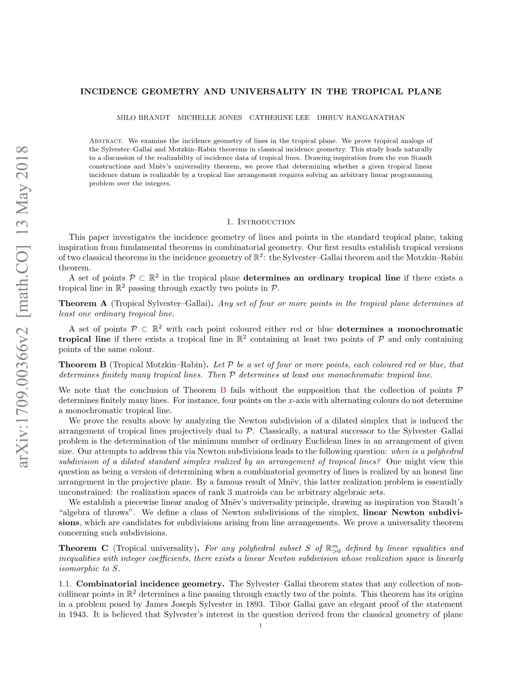 Arxiv:1709.00366V2 [Math.CO] 13 May 2018 Es N Riaytoia Line