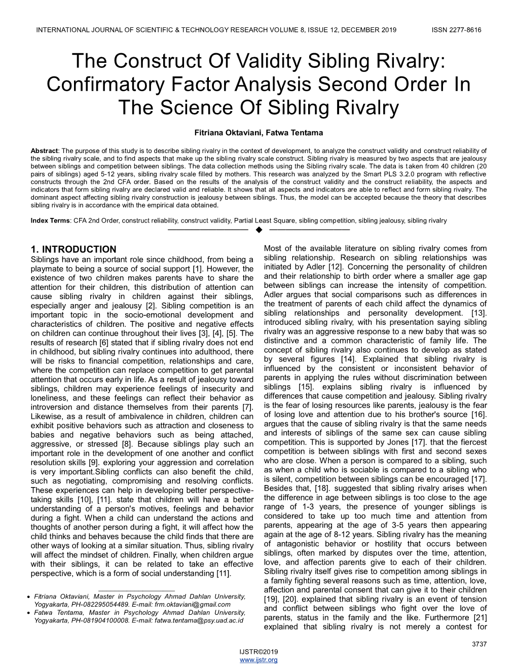 Confirmatory Factor Analysis Second Order in the Science of Sibling Rivalry