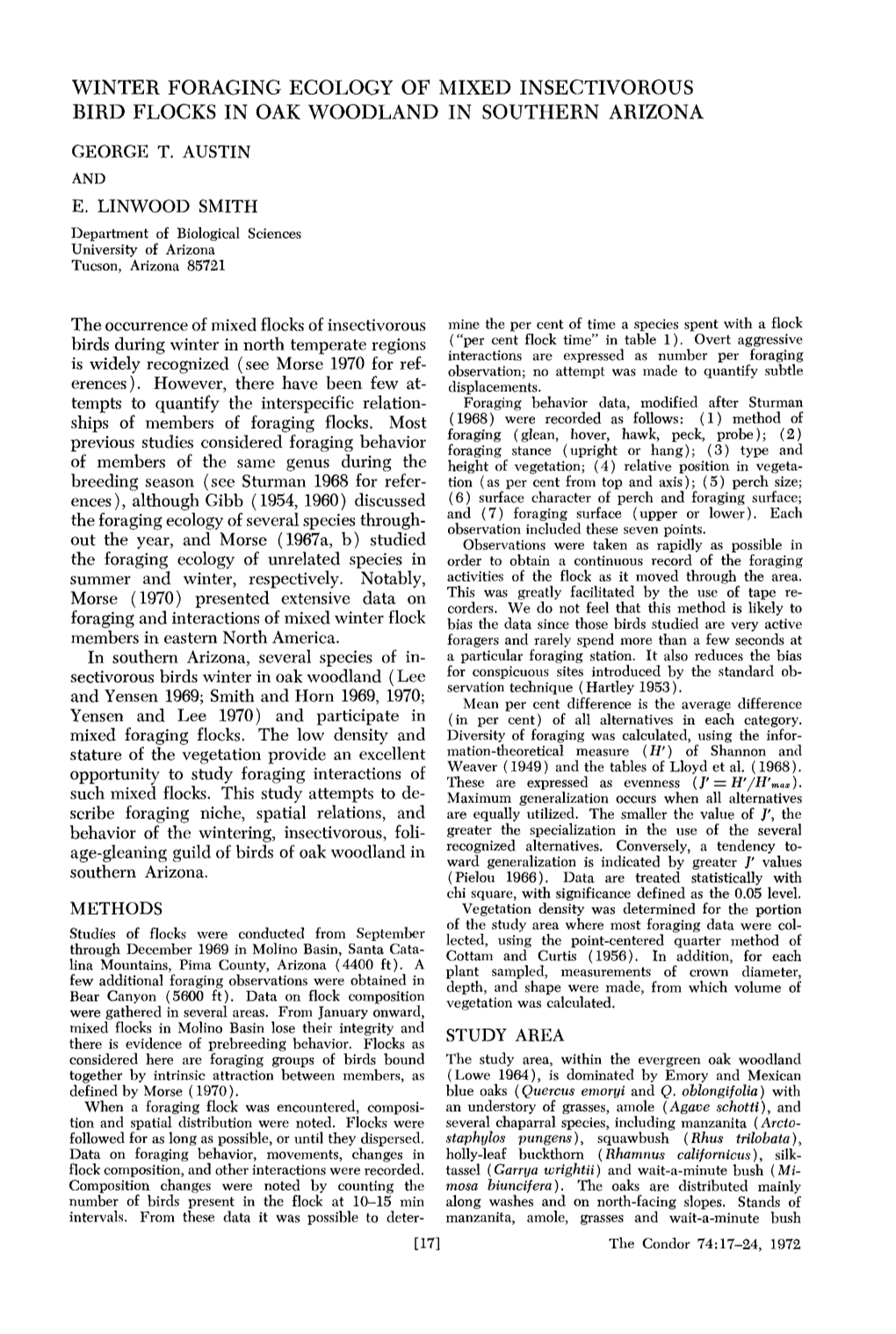 Winter Foraging Ecology of Mixed Insectivorous Bird Flocks in Oak Woodland in Southern Arizona