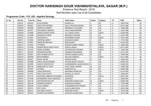 DOCTOR HARISINGH GOUR VISHWAVIDYALAYA, SAGAR (M.P.) Entrance Test Result - 2018 Roll Number Wise List of All Candidates Programme Code : P.G