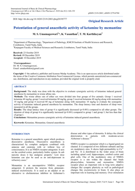 Potentiation of General Anaesthetic Activity of Ketamine by Memantine