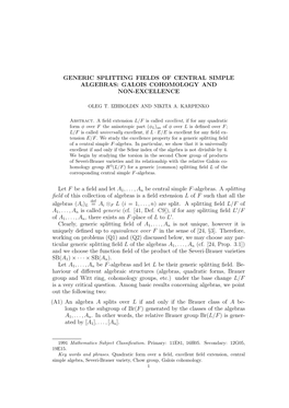 Generic Splitting Fields of Central Simple Algebras: Galois Cohomology and Non-Excellence