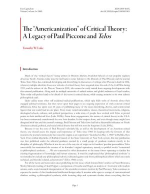 Of Critical Theory: a Legacy of Paul Piccone and Telos