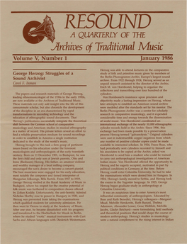 RESOUND a QUARTERLY of the Archives of Traditional Music Volume V, Number 1 January 1986
