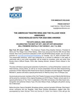 The American Theatre Wing and the Village Voice Announce Rescheduled Date for 2020 Obie Awards