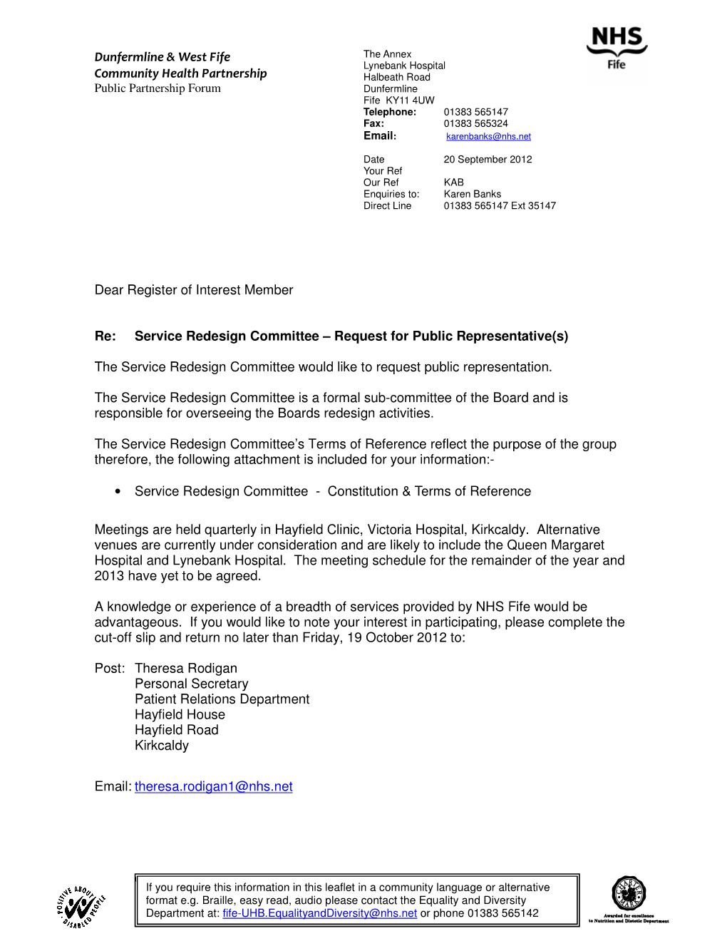 Dunfermline & West Fife Community Health Partnership Dear Register of Interest Member Re: Service Redesign Committee – Re