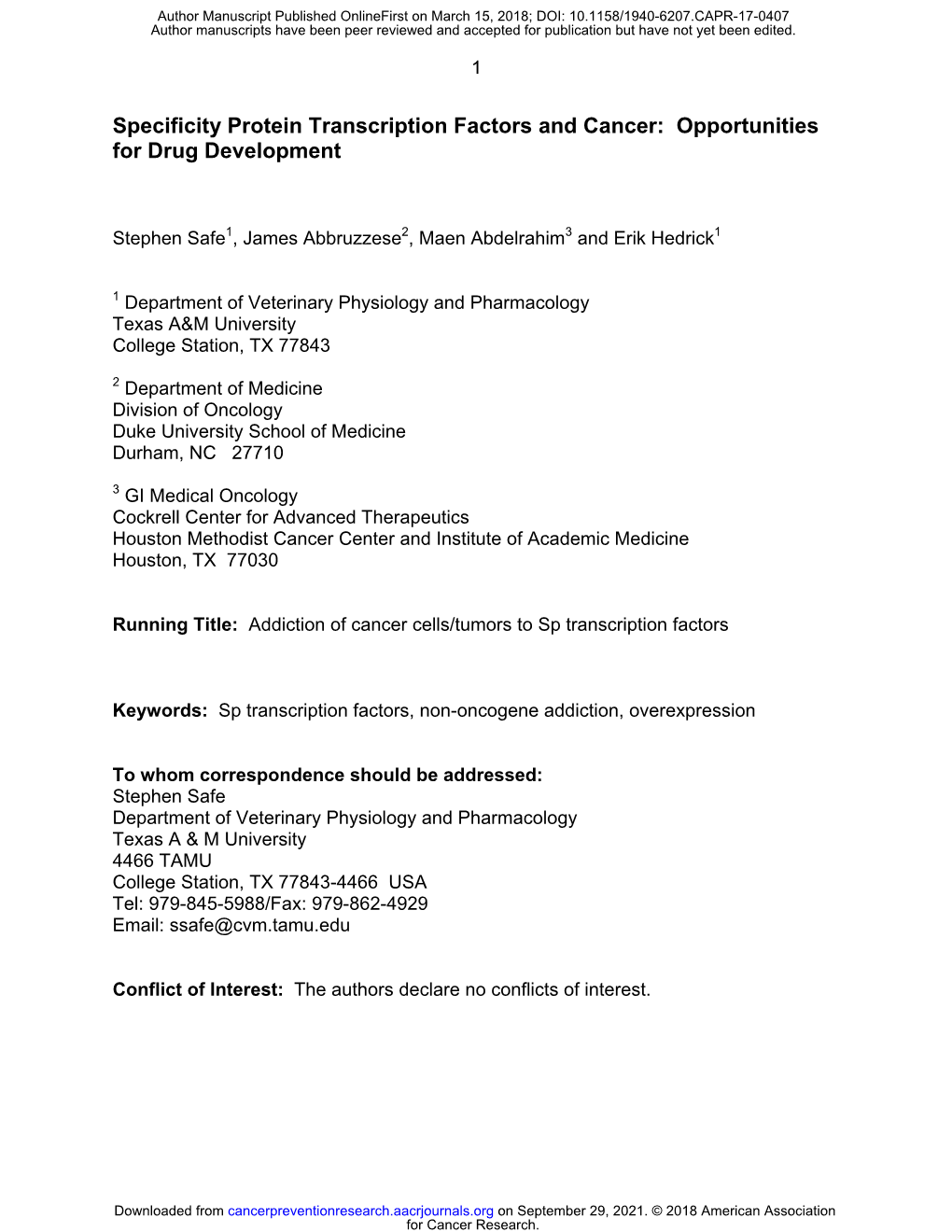 Specificity Protein Transcription Factors and Cancer: Opportunities for Drug Development