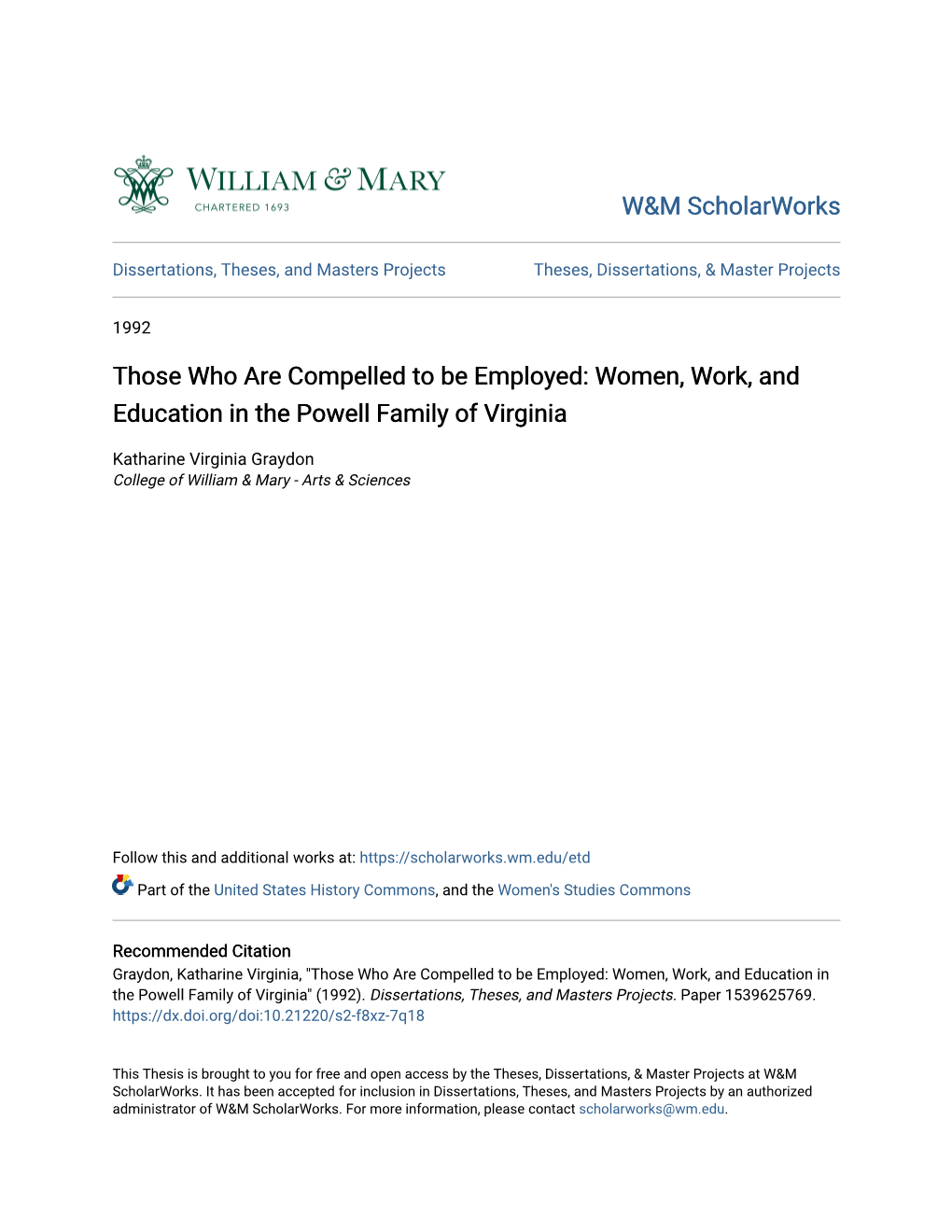 Those Who Are Compelled to Be Employed: Women, Work, and Education in the Powell Family of Virginia