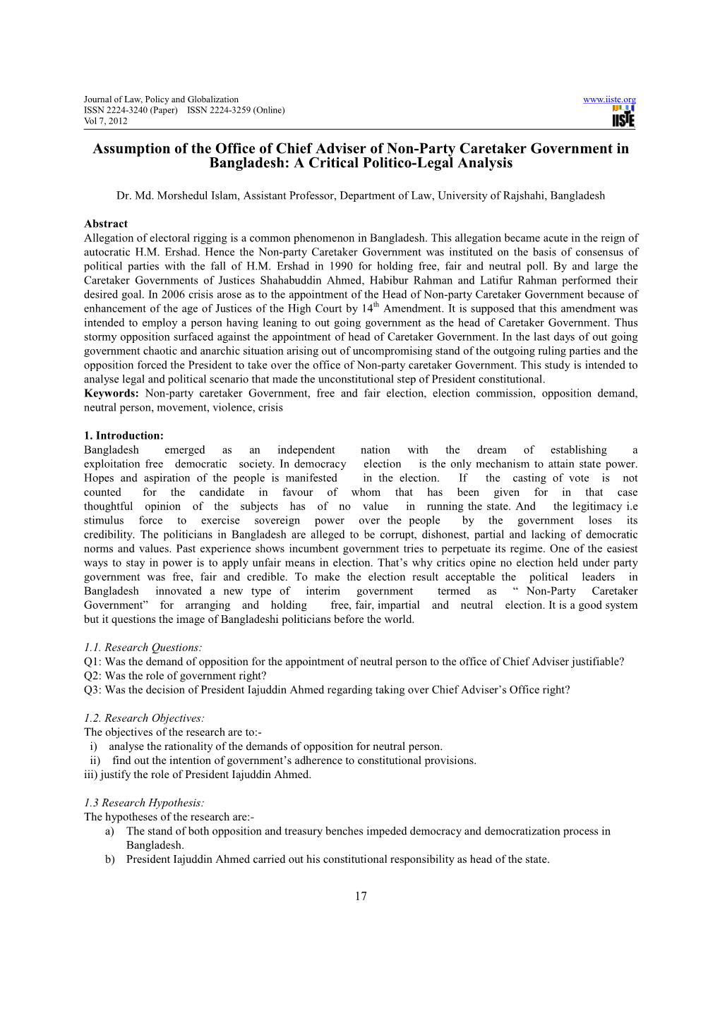 Assumption of the Office of Chief Adviser of Non-Party Caretaker Government in Bangladesh: a Critical Politico-Legal Analysis