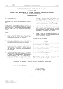 (EU) No 383/2011 of 18 April 2011 Amending Council Regulation
