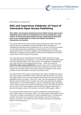 EGU and Copernicus Celebrate 10 Years of Interactive Open Access Publishing