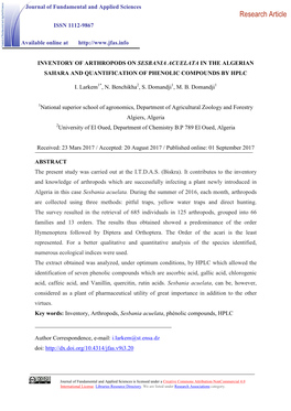 Inventory of Arthropods on Sesbania Acuelata in the Algerian Sahara and Quantification of Phenolic Compounds by Hplc