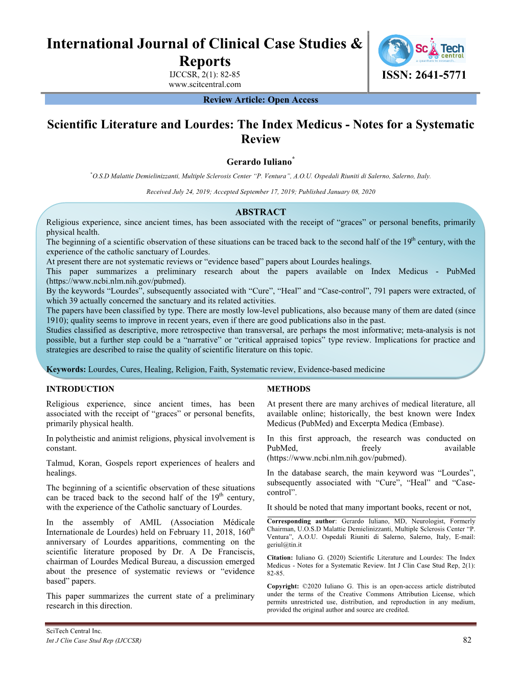 Scientific Literature and Lourdes: the Index Medicus - Notes for a Systematic Review