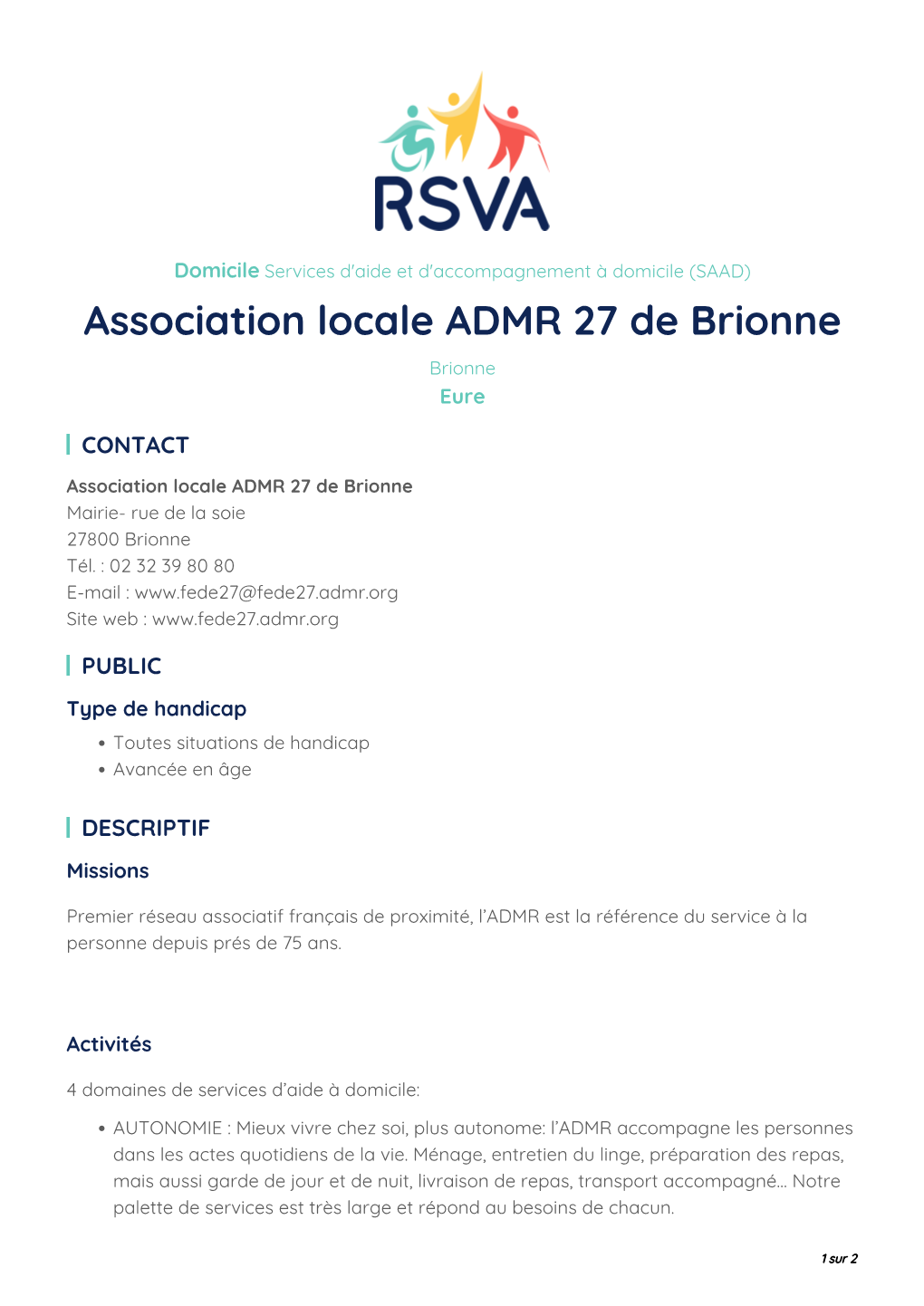 Association Locale ADMR 27 De Brionne Brionne Eure