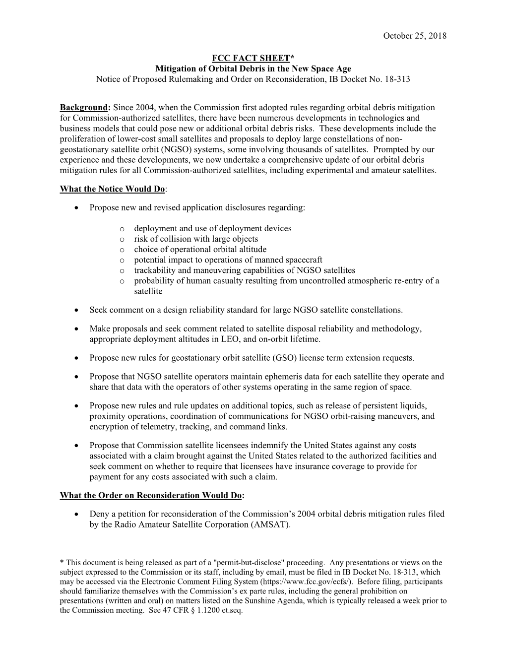 October 25, 2018 FCC FACT SHEET* Mitigation of Orbital Debris in The