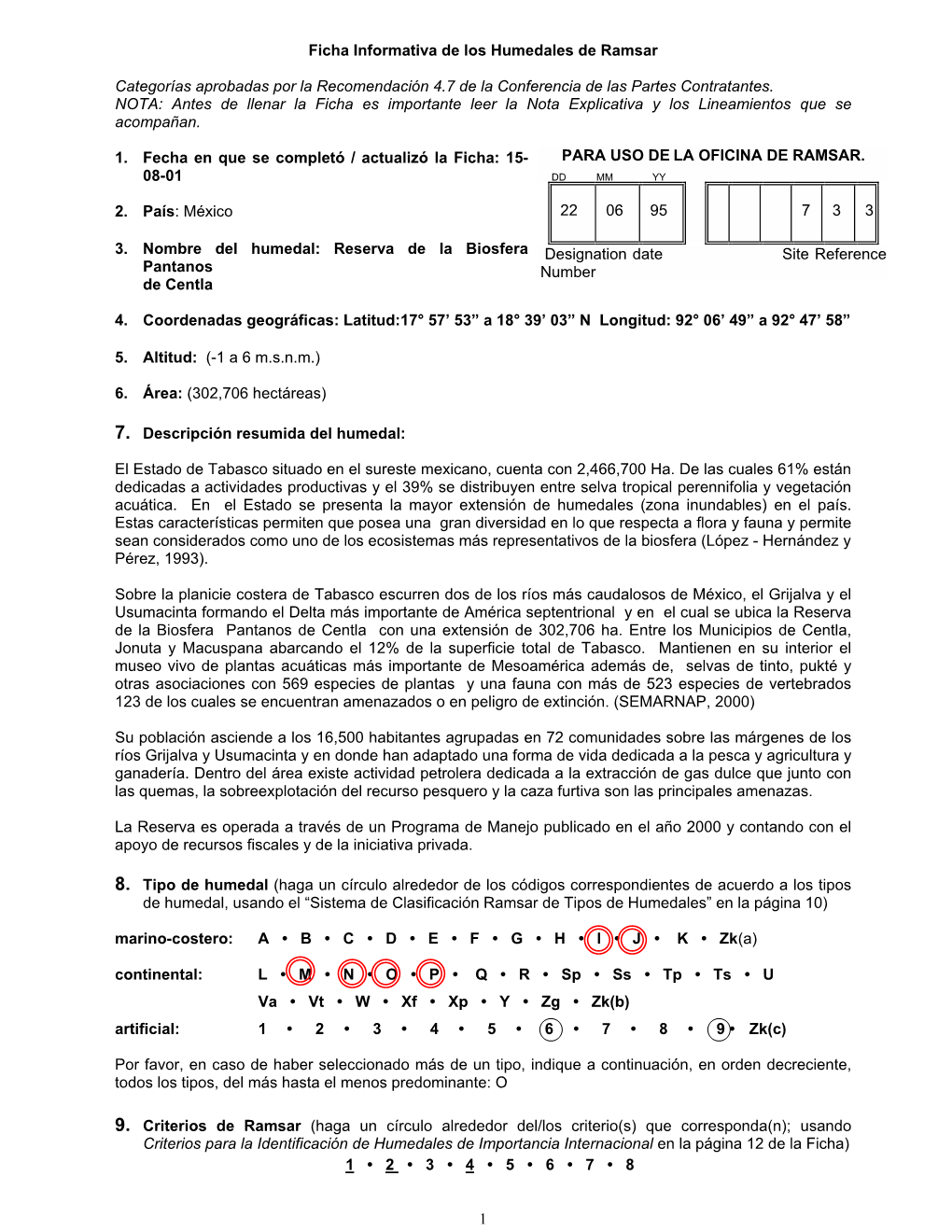 1 Ficha Informativa De Los Humedales De Ramsar Categorías Aprobadas