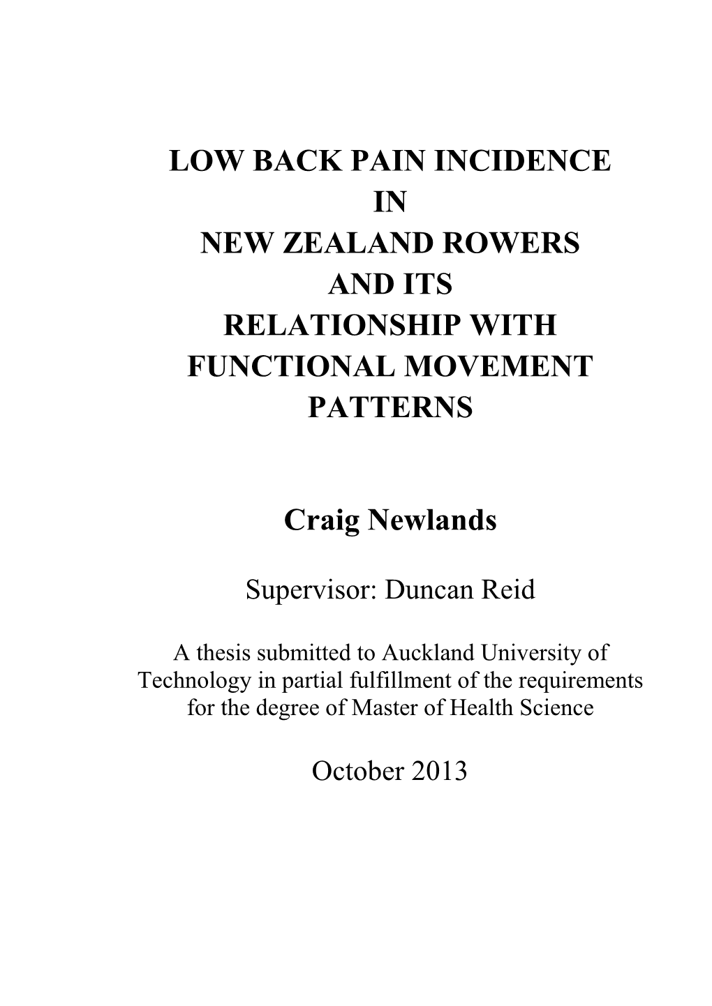 Low Back Pain Incidence in New Zealand Rowers and Its Relationship with Functional Movement Patterns