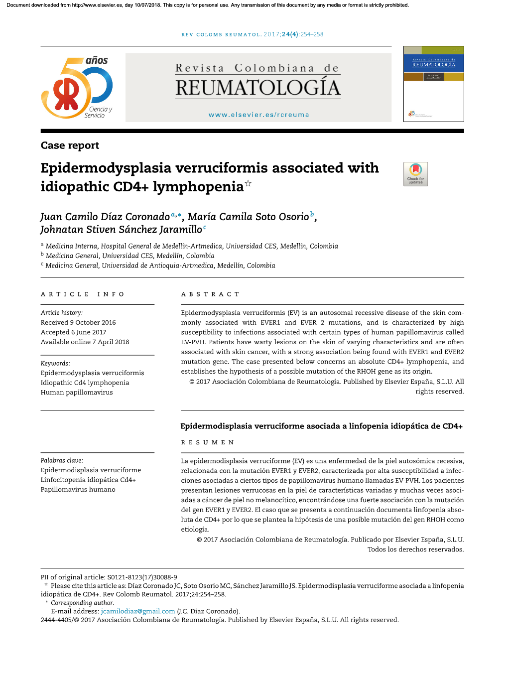 Epidermodysplasia Verruciformis Associated with Idiopathic CD4+