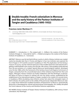 Double Trouble: French Colonialism in Morocco and the Early History of the Pasteur Institutes of Tangier and Casablanca (1895-1932)