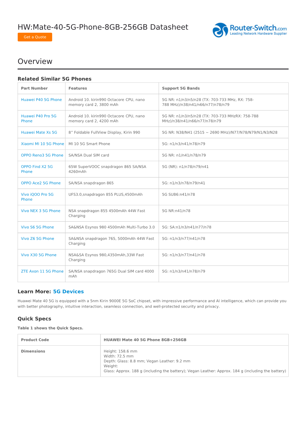 HW:Mate-40-5G-Phone-8GB-256GB Datasheet Overview