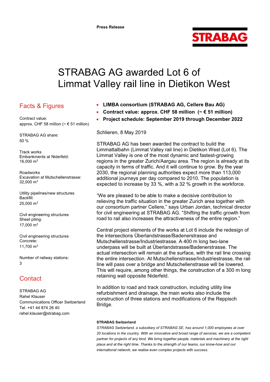 STRABAG AG Awarded Lot 6 of Limmat Valley Rail Line in Dietikon West