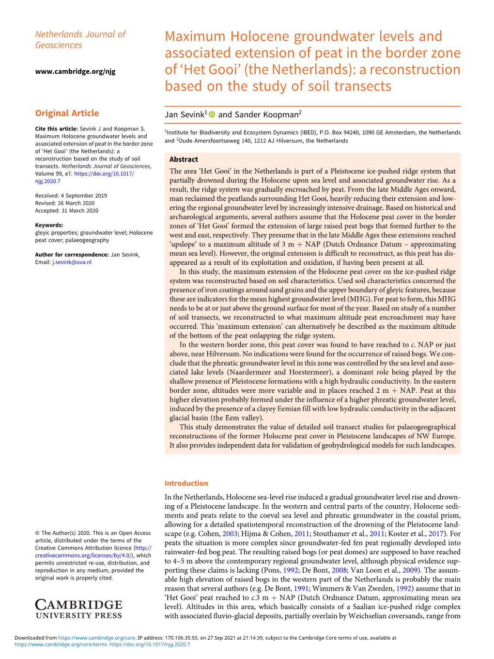 Maximum Holocene Groundwater Levels and Associated Extension of Peat in the Border Zone of `Het Gooi' (The Netherlands)