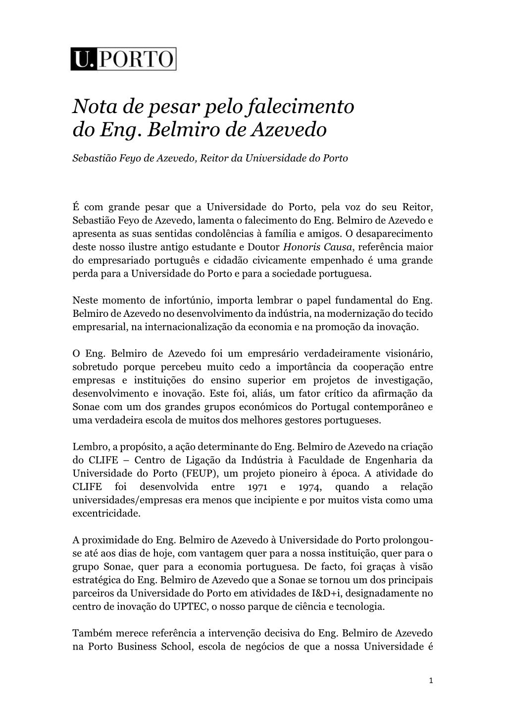 Nota De Pesar Pelo Falecimento Do Eng. Belmiro De Azevedo