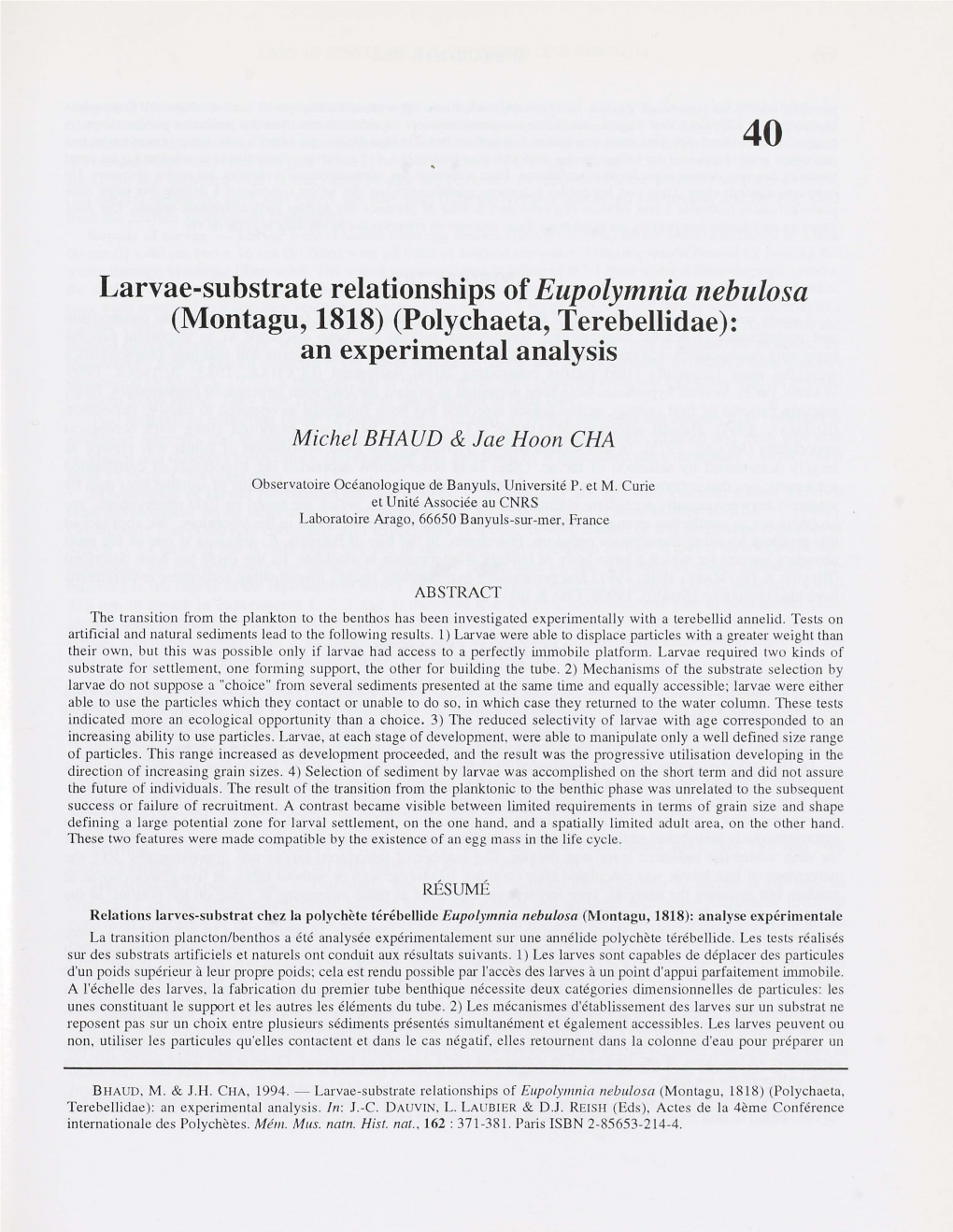 Polychaeta, Terebellidae): an Experimental Analysis